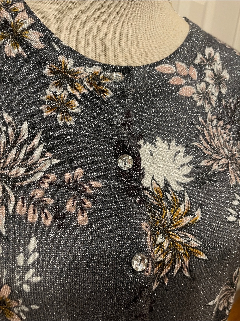 Charter Club Gray Floral Metallic-Thread Button Cardigan with Floral Print - Picture 2 of 7